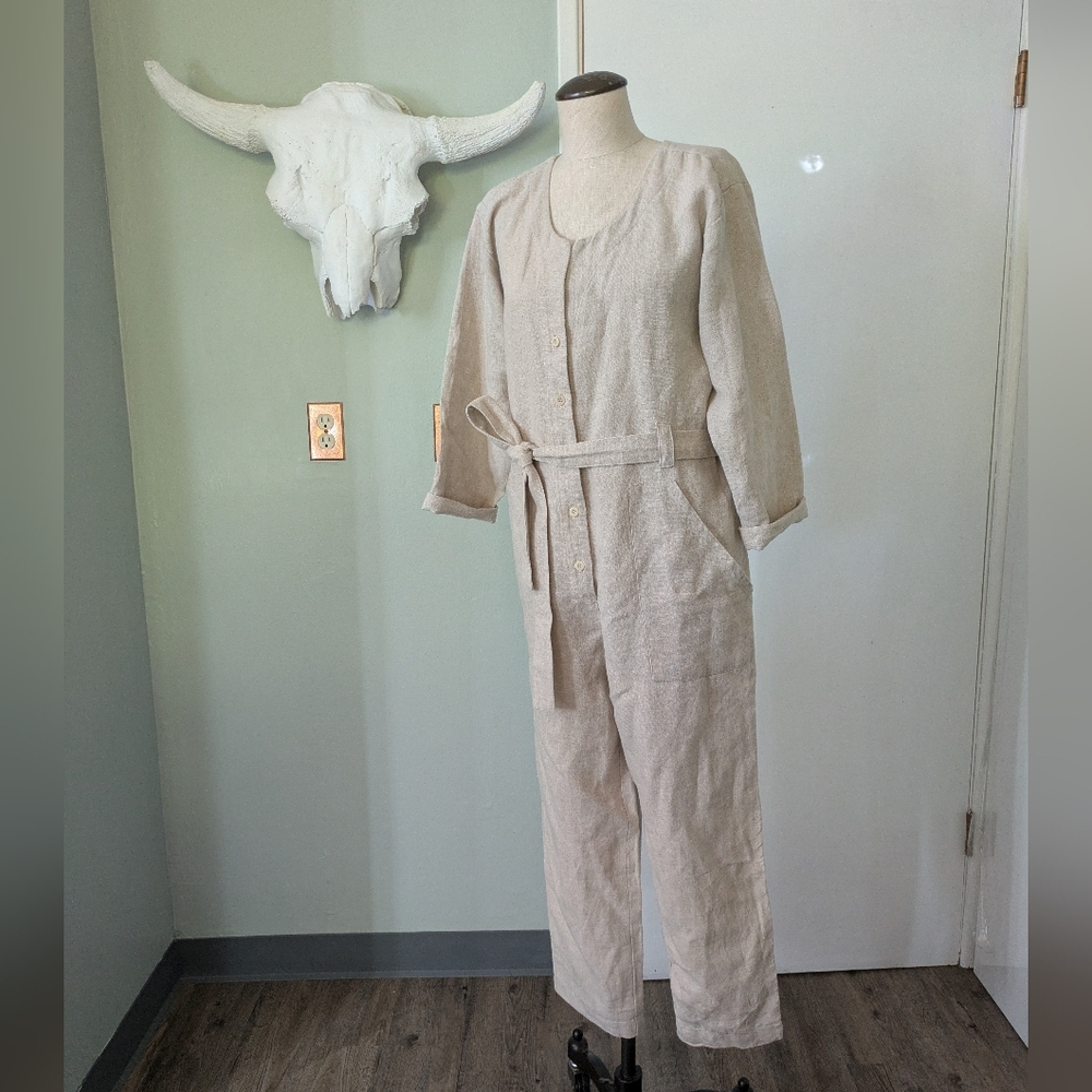 OZMA California Casual Linen Jumpsuit S Natural Tan Canerom - Picture 2 of 15